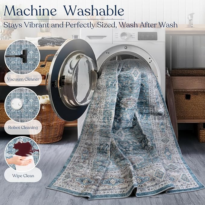 Machine Washable Area Rug, Soft & Durable, Non-Slip, Stain Resistant Rug for Bedroom, Living Room, Dining Room, High Traffic Areas. (Blue/Turquoise, 6' X 9')