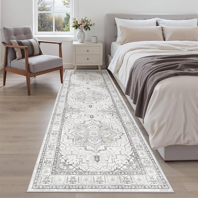 Madane Kitchen Runner 2'6''x8' Soft Rug Runners for Hallways, Grey | Vintage Machine Washable Rugs 2.5x8 Ft, Non-Slip Low Pile Stain-Resistant 8ft Floor Carpet for Laundry Room, Corridor