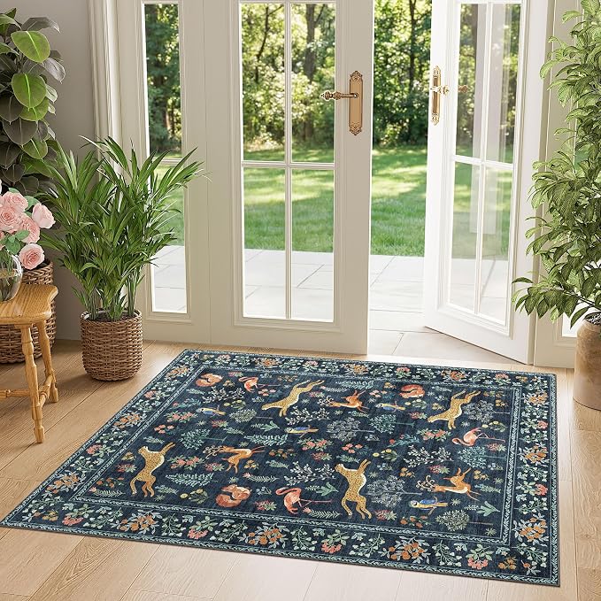 DUKINO 3x4 Rug, Washable Animal Area Rug for Entryway Non Slip, Navy Blue | Soft, Low Pile, Stain Resistant Indoor Carpet Runner for Entryway, Kitchen, Bedroom, Bathroom, Pet Friendly, Home Decor