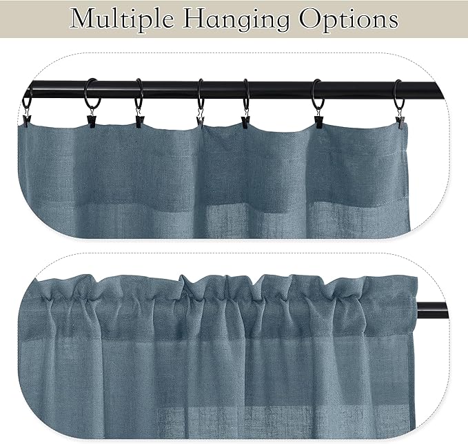 RYB HOME Linen Semi Sheer Curtains 84 inches Long for Living Room | Light Filtering, Half Privacy Window Curtains & Drapes, Stone Blue, W52 x L84, 2 Panels