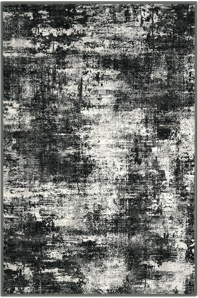 Lansny Abstract Washable Entryway Rug 2x3 Area Rug Small Non Slip Door Mat | Charcoal Black;Thin Printed Faux Wool Kitchen Rugs;Indoor Front Door Rug;Entry Rug;Throw Rugs for Foyer,Entrance;Floor Carpet