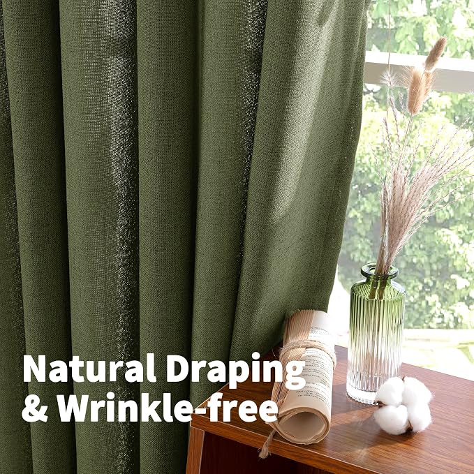 YoungsTex Olive Green Linen Semi Sheer Curtains 80 Inch Length 2 Panels | Light Filtering Drapes with Bronze Grommet Textured Privacy for Bedroom Living Room Decorative, 52 x 80 Inch
