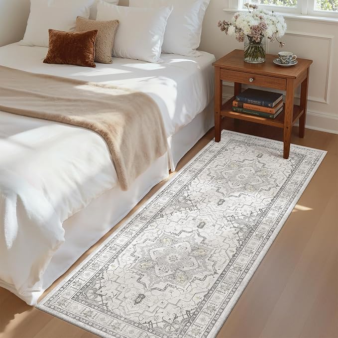 Madane Washable Runner Rug 2x6 Runners for Hallways Non Slip, Grey | Vintage Stain-Resistant 6 Feet Kitchen Rug, Soft Low-Pile Ultra-Thin Floor Carpet Mat for Bathroom Laundry Room Bedroom 2x6ft