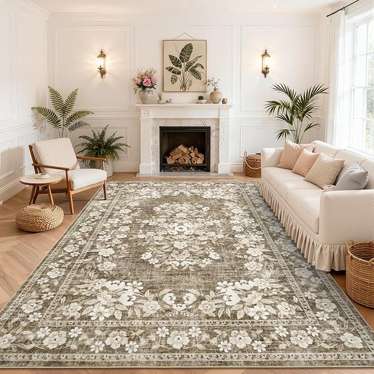 GarveeHome 8x10 Washable Rug Vintage Brown Flower Botanical Floor Cover | Distressed Bordered Bedroom Rugs Low Pile Non-Slip Vintage Floral Area Rug for Living Room Guest Room Office Nursery