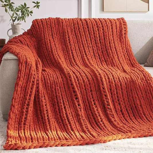 Negwoo Chunky Knit Throw Blanket, Knitted Throw Chenille Yarn, 80"*90" | Soft Thick Cable Knitted Blankets, Handmade Big Thick Blanket, Machine Washable Cute Comfy Blanket for Home Decor, Orange