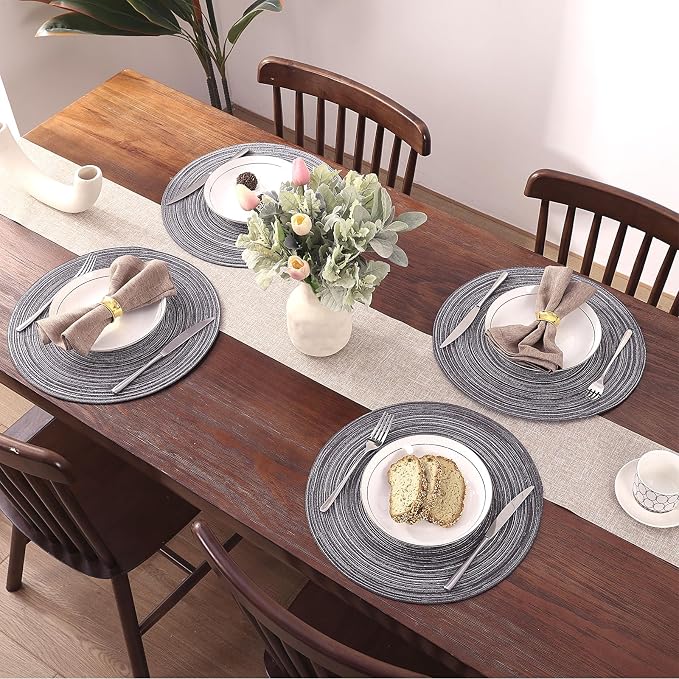 SHACOS Round Braided Placemats Set of 6 Round Table Mats 15 inch Cotton Washable for Holiday Party (Black Gray, 6)
