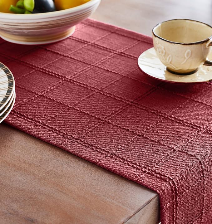 ZeeMart Linen Checked Farmhouse Table Runner, 13x108 Inches Burgundy | Raised Grid Design, Rich Woven Texture, Linen Blend Table Runners 108 Inches Long, Machine Washable, Boho Home Kitchen Decor