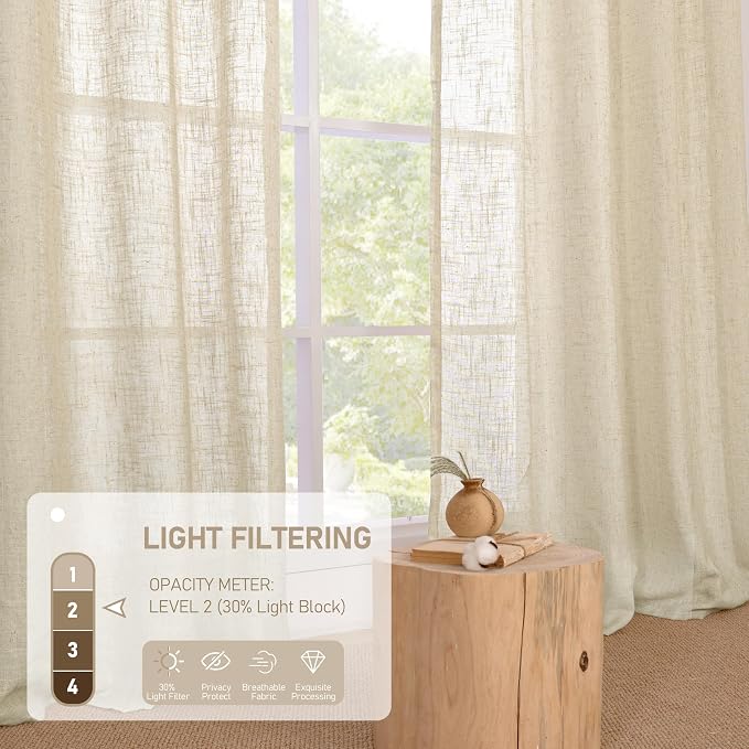 Natural Linen Semi Sheer Curtains 63 Inch for Bedroom 2 Panels | Light Filtering, Curtains for Living Room, Dining Room, Farmhouse Boho, Bronze Grommet Drapes, 38 x 63 Inch, Linen