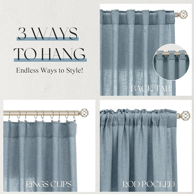 Jowels Blue Linen Curtains 45 Inch Long 2 Panels for Living Room | Light Filtering Semi Sheer Curtain, Back Tab Pocket Pleated Look, Boho Farmhouse Textured Privacy Drapes for Bedroom Window
