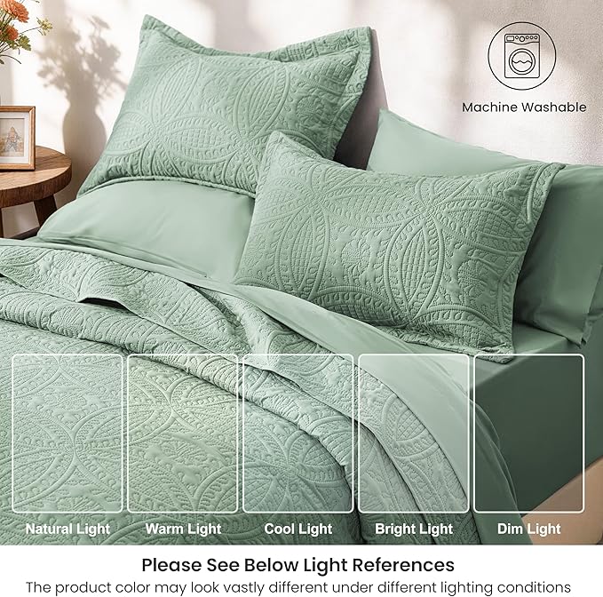 Love's cabin Queen Quilt Set Sage, Bed in a Bag Queen Size Bedding 7 Pieces, Ultrasonic Embossed Coin Pattern Comforter, Lightweight Bedspreads for All Seasons Quilt with Sheets, Pillowcases & Shams