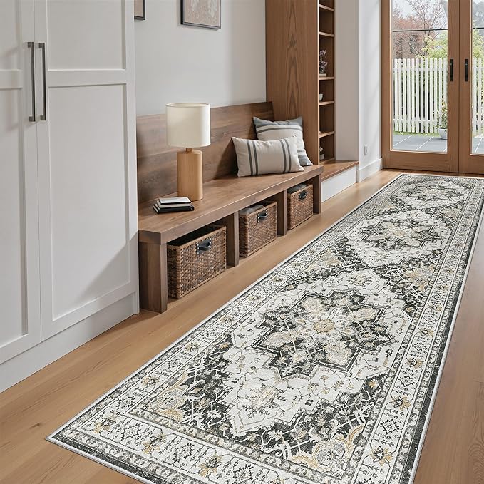 Madane Hallway Runner Rug 2'6''x10' Black, Washable Vintage Kitchen Runners | Non-Slip Rugs 10ft for Laundry Room, Entryway and Bedroom, Soft Low Pile Stain-Resistant Wide 2.5x10 Ft Floor Carpet