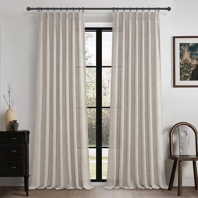 Greyish Brown 70 Inch Extra Wide Light Filtering Living Room Curtains 108 Inches Long, Memory Trained Pleated Thick Natural Linen Privacy Semi Sheer Farmhouse Tall Windows Drapes 2 Panels 9 FT Length