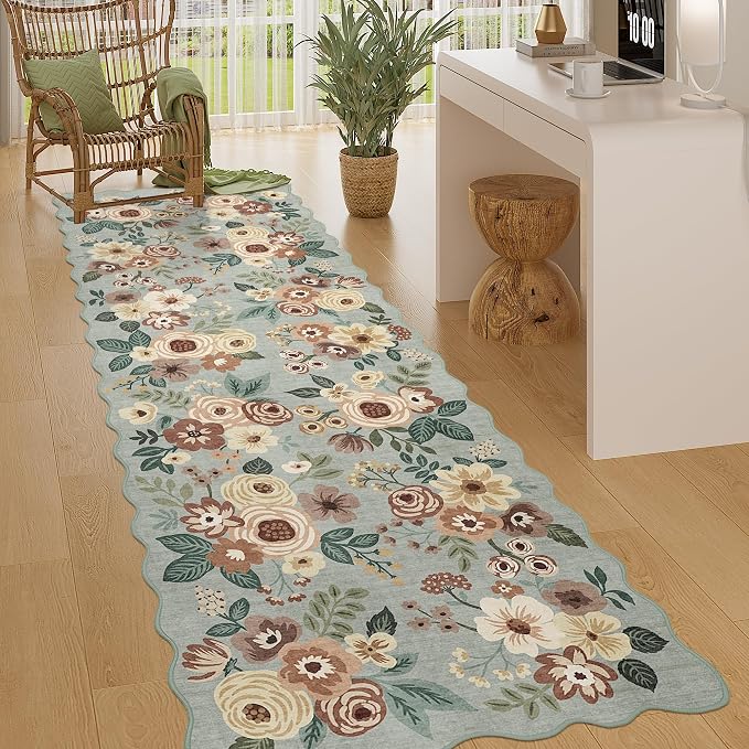 DUKINO 2x10 Runner Rug for Hallway, Washable Kitchen Rugs, Sage Green | Non Slip, Low Pile, Soft Floral Throw Carpet Runner for Entryway, Bedroom, Bathroom, Laundry, Pet Friendly, Modern Home Decor