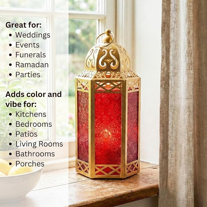 Vela Lanterns 12" Metal Moroccan Decorative Candle Lantern Holders for Hanging or Table, Indoor Home Decor, Outdoor Patio or Porch, Weddings, Gold, Red Glass, Large