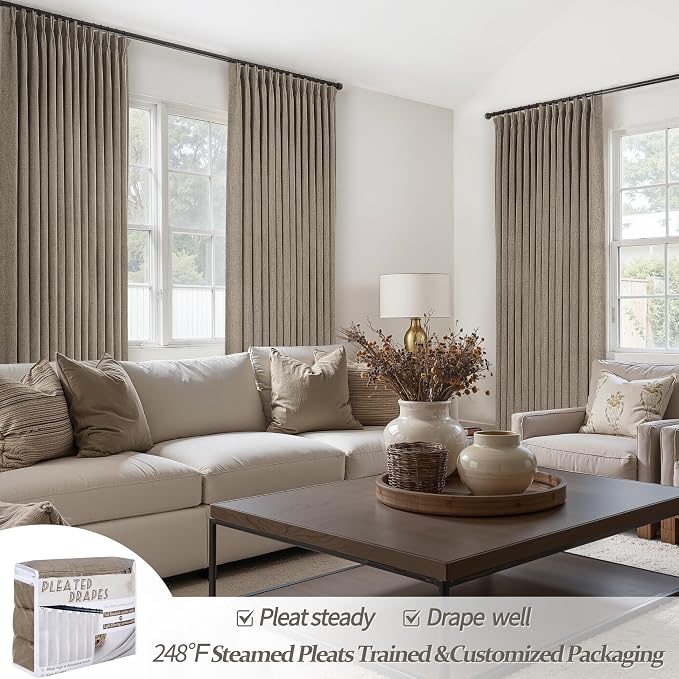 Extra Long Dark Flax Semi Sheer 60 Inch Wide Curtains 108 Inches for Bedroom, Memory Trained Pinch Pleated Natural Linen Neutral Curtain Light Filtering Brown Windows Drapes 2 Panels Set 9FT Length