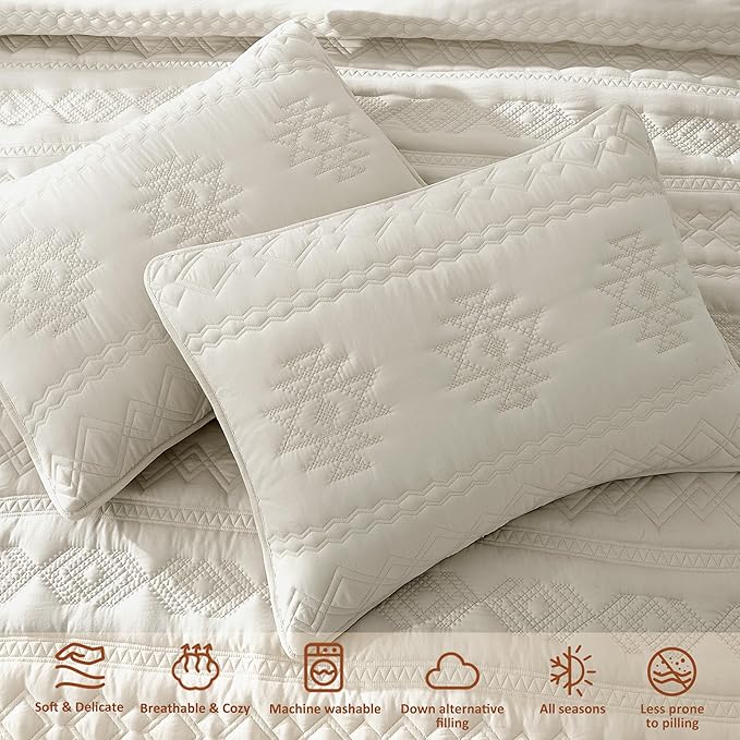 WDCOZY Beige Boho Quilt King Size Bedding Set with 2 Pillow Shams, Farmhouse Lightweight Soft Bedspread Coverlet for All Season, 3 Pieces, 104x90 inches
