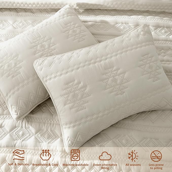 WDCOZY Beige Boho Twin Quilt Size Bedding Set with 1 Pillow Sham, Farmhouse Lightweight Soft Bedspread Coverlet for All Season, 2 Pieces, 68x90 inches