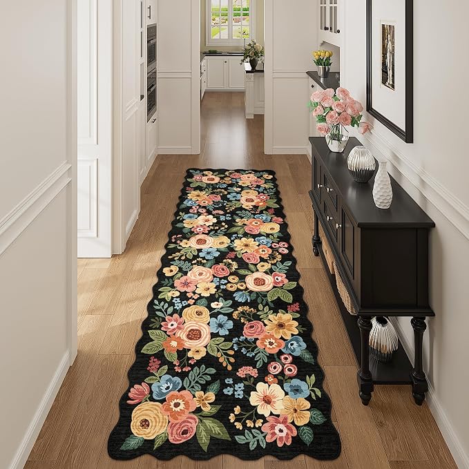 DUKINO 2.6x8 Runner Rug, Floral Washable Kitchen Rugs Non Slip, Black | Low Pile, Stain Resistant, Soft Throw Carpet Runner for Hallway, Entryway, Bedroom, Bathroom, Pet Friendly, Modern Home Decor
