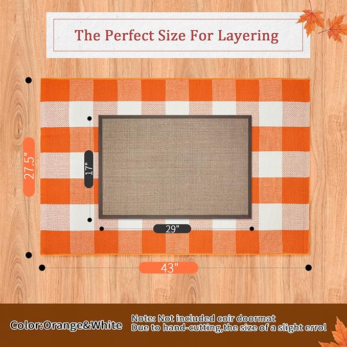 Fall Buffalo Plaid Rug 27.5x43 in, Orange White Indoor Outdoor Rug | Cotton Blend, Orange and White Checkered, Machine Washable, Layering Rug, Porch Entryway Decor
