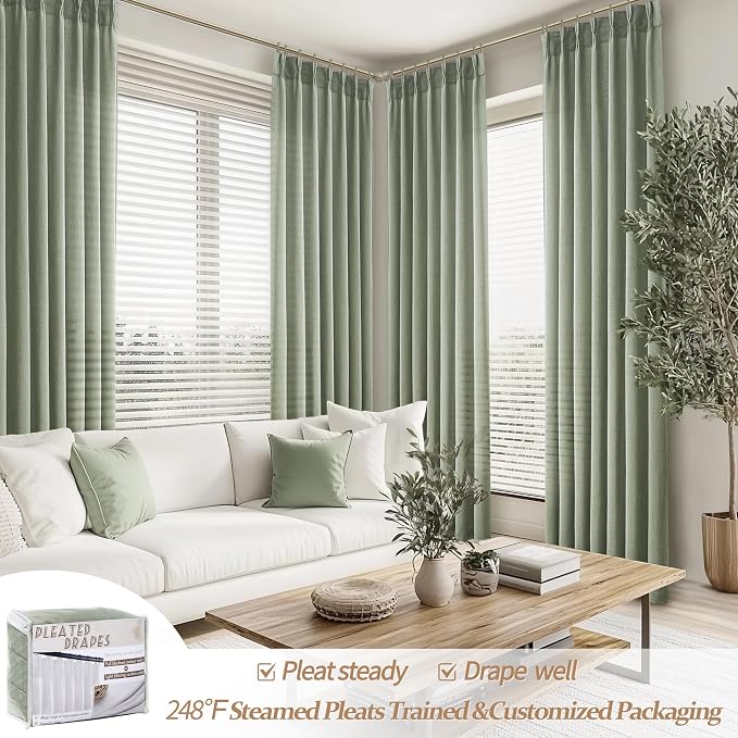 Sage Green Pinch Pleated Floor to Ceiling 102 Inch Long Curtains for Dining Room, Thick Linen Semi Sheer Window Drapes Light Filtering Privacy 8-1/2 FT Length Office/Sunroom Large Curtain 2 Panels