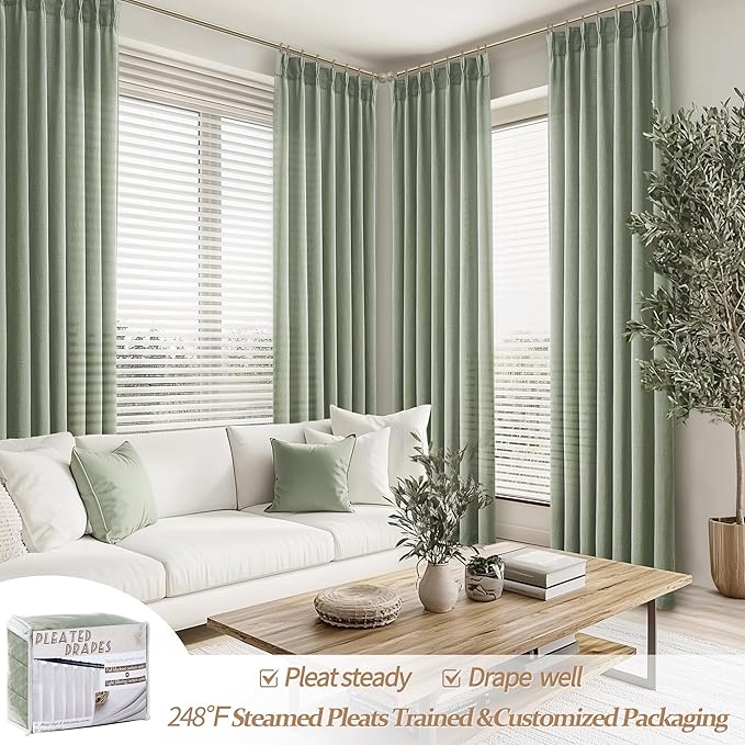 Extra Long 120 Inch Pleated Sage Green Semi Sheer Linen Textured Curtains | Memory Shape Floor to Ceiling Natural Viral Curtain 10FT Length Light Filtering Large Window Drapes for Bedroom 2 Panels Set