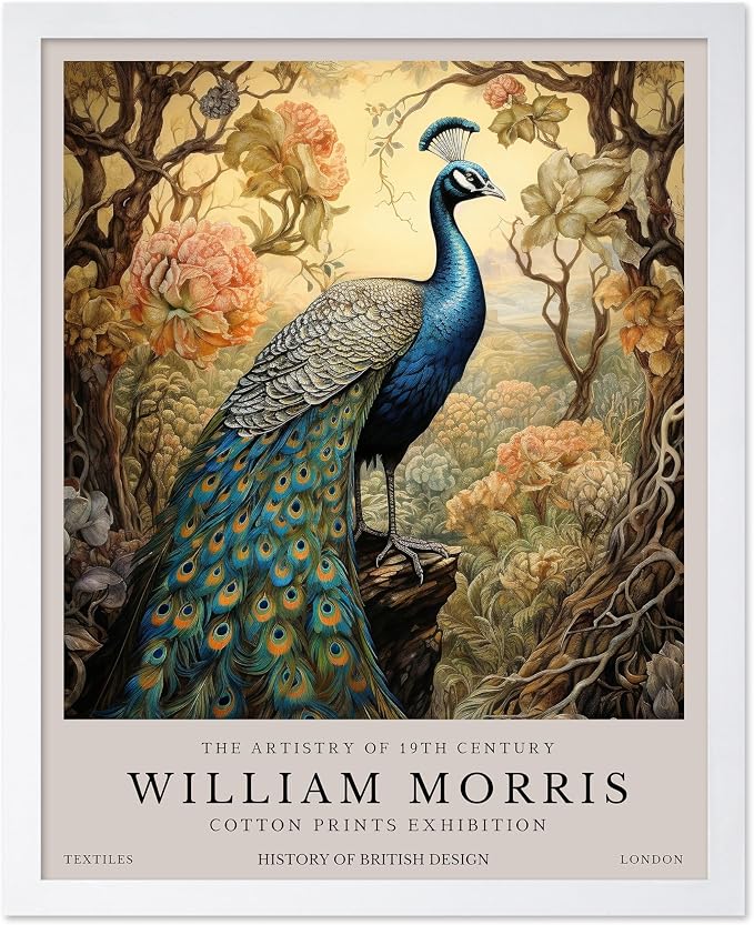Poster Master William Morris Poster - Peacock Print - Bird Art - Botanical Design - Flower Art - Exhibition Display - Animal Illustration - Floral Design - Aesthetic Office or Bedroom Decor - 8x10 White Framed