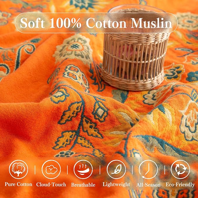Phuryllic Boho Throw Blanket Twin Size, Soft Cozy Cotton Muslin Quilt Blanket for Bed Decor, Floral Patterned Couch Sofa Chair Cover, Vintage Farmhouse Cottage Tapestry Woven Blanket, Orange&Green