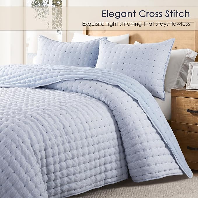 WDCOZY Blue Oversized King Quilt Set, California Cal King Rustic Bedspread, Textured Like Linen, Lightweight Soft Farmhouse Coverlet, Spring Summer Thin Comforter, 3 Pieces, 116x106 inches