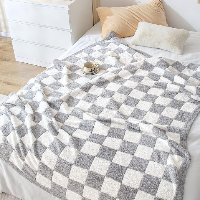 SeaRoomy Fuzzy Checkered Throw Blanket for Couch,Light Grey 60"X79" | Warm,Cozy,Fluffy,Lightweight,Gift for Women Couch Sofa Bed Room Decor