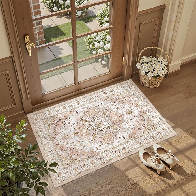 Madane Washable Area Rug 2x3 Small Entryway Rugs Non-Slip, Pink | Vintage Stain-Resistant Door Mat Indoor Entrance, Low Pile Floor Carpet for Inside Front Bedroom Kitchen Entry Laundry, Stair