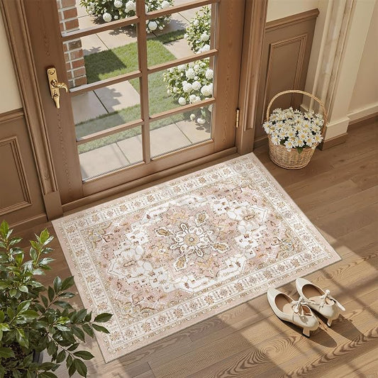 Madane Washable Area Rug 2x3 Small Entryway Rugs Non-Slip, Pink | Vintage Stain-Resistant Door Mat Indoor Entrance, Low Pile Floor Carpet for Inside Front Bedroom Kitchen Entry Laundry, Stair
