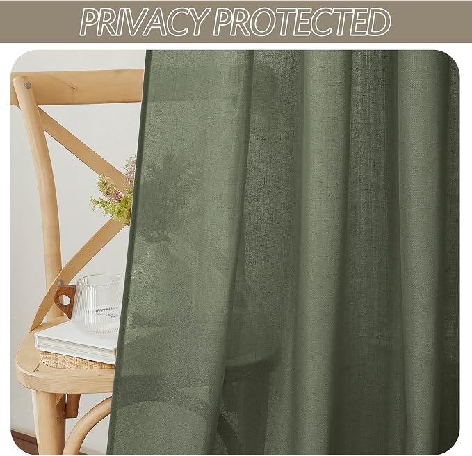RYB HOME Linen Sheer Curtains 2 Panels for Living Room, Semi Transparent Privacy Drapes with Rod Pocket Farmhouse Style Window Treatments for Bedroom, Olive Green, 52" W x 95" L