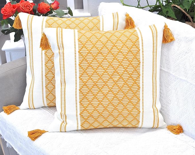 Decorative Boho Throw Pillow Covers with Tassels Mustard Yellow 16x16 inches Set of 2 / Cute Square Pillow Covers for Couch Sofa/Farmhouse Woven Pillow Cases/Modern Accent Cushion Covers