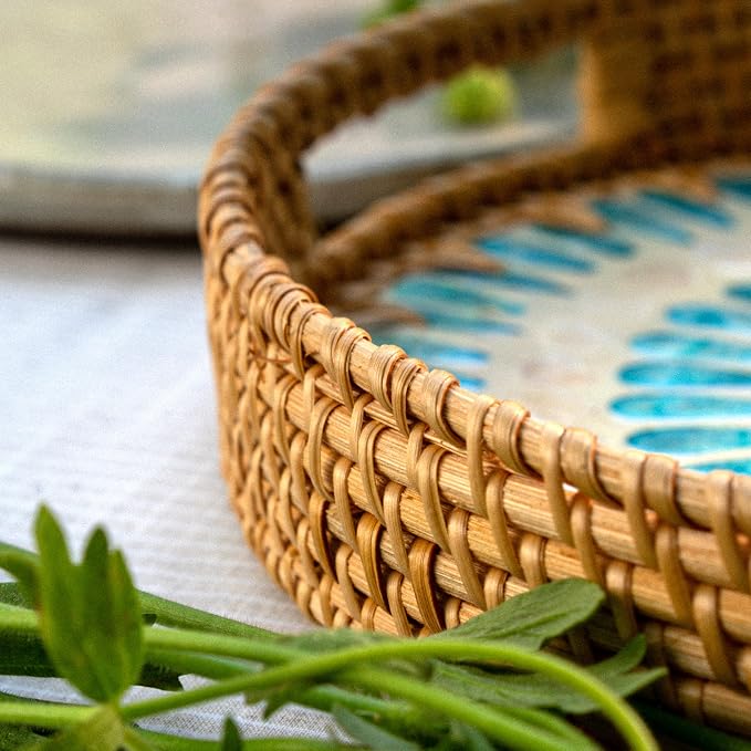 JUNGLE CULTURE Round Rattan Tray with Mother of Pearl Inlay • Ripple 12”