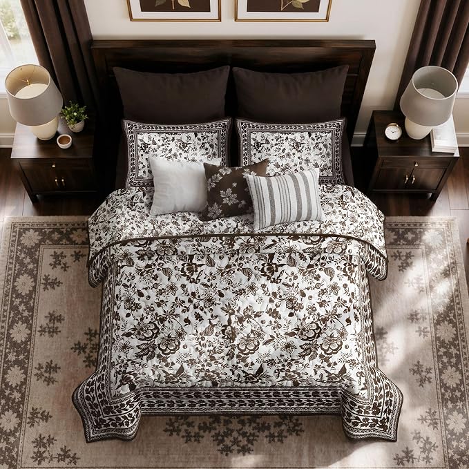 FLYMME Brown and White Vintage Floral Quilt Set Twin Size, 2-Piece Classic Reversible Bedspread Coverlet with 1 Pillow Sham, Lightweight Botanical Bedding Set for All Season