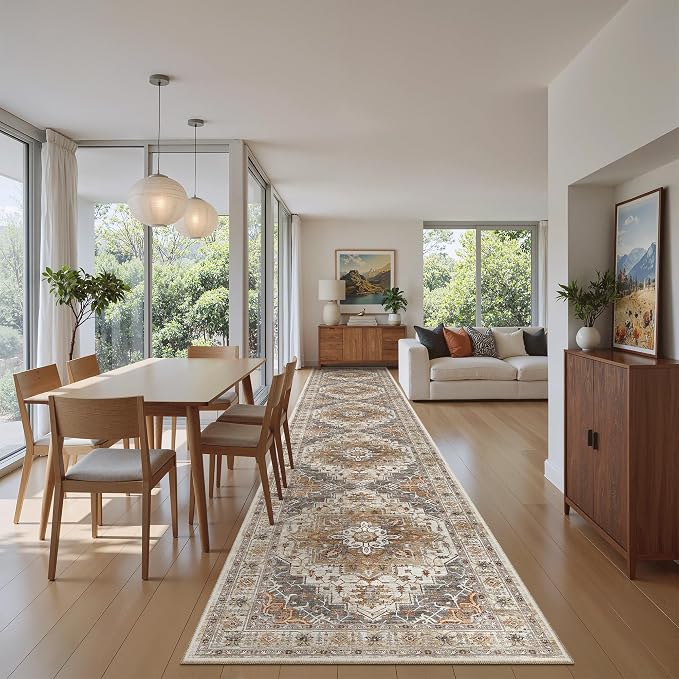 Madane Hallway Runner Rug 2'6''x16' Kitchen Runners Vintage, Turmeric/Grey | Long Non-Slip Washable Rugs 16ft for Entryway Laundry and Bedroom, Soft Low Pile Stain-Resistant 2.5x16 Ft Floor Carpet