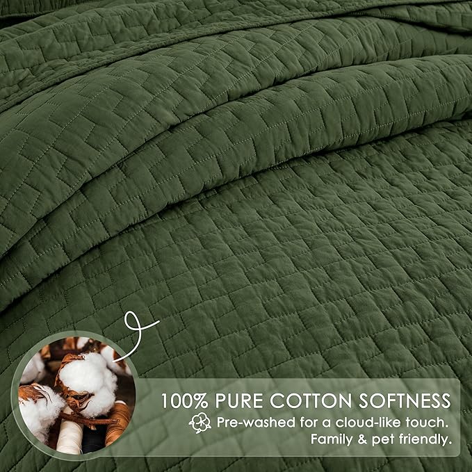 palassio Olive Green 100% Cotton Quilt California Cal King Size Bedding Sets with 2 Pillow Shams, Oversized Lightweight Bedspread Shabby Chic Coverlet, Soft Bed Cover for All Season, 3 Pieces