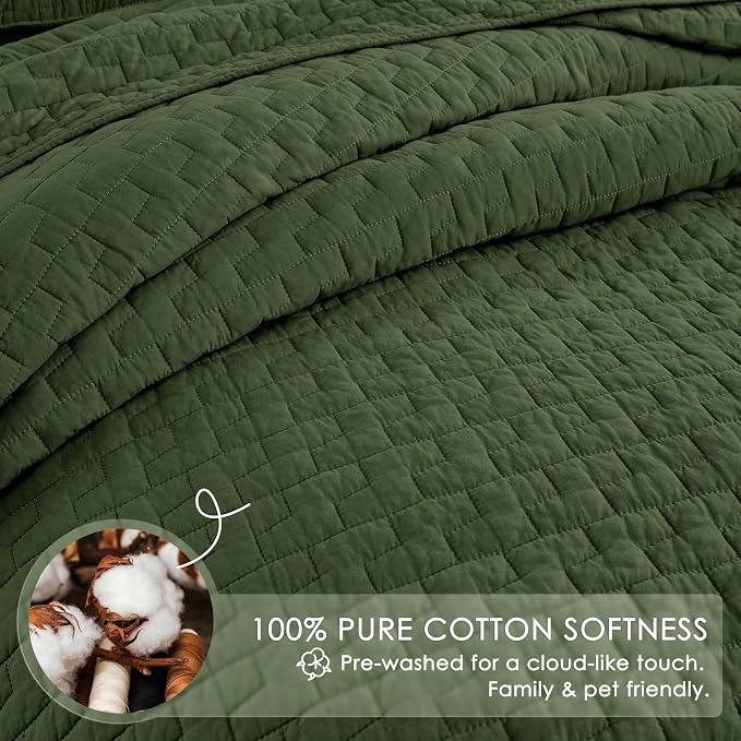 palassio Olive Green 100% Cotton Quilt Queen Size Bedding Sets with 2 Pillow Shams, Textured Lightweight Soft Bedspread Shabby Chic Coverlet, Quilted Comforter Bed Cover for All Season, 3 Pieces