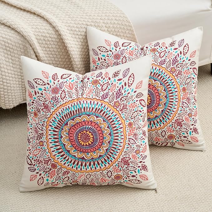 Boho Throw Pillow Covers 18X18 Inch Set of 2 Bohemian Soft Velvet Couch Pillow Cases Farmhouse Decorative Pillow Covers for Sofa Living Room Bedroom Outdoor Patio Porch Mandala Bloom