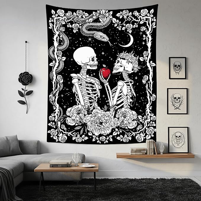 Accnicc Skeleton Lovers Tapestry Gothic Skull Vertical Tapestries Wall Hanging Black and White Floral Plant Snake Horror Large Tapestry for Bedroom Living Room Dorm 80 x 60 inch