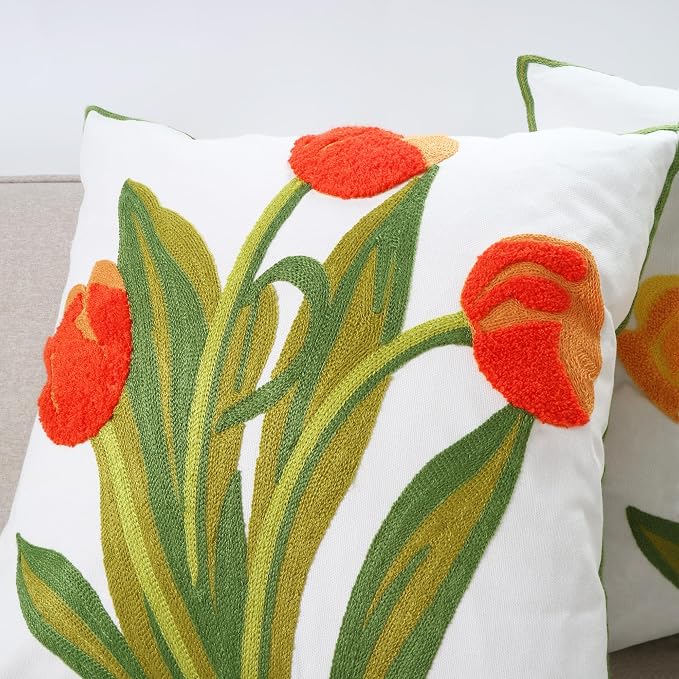 Embroidery Throw Pillow Cover 18x18 Home Decor Floor Pillow Cover for Couch Sofa Chair Best Gift 100% Cotton Floral Embroidered Cushion Cover Square Pillowcase 45x45cm Red Tulip, 1 Piece