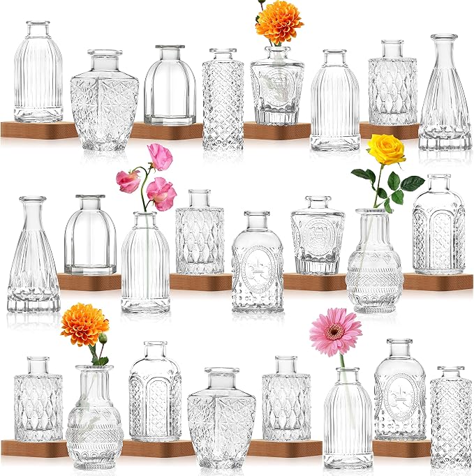 Vintage Flower Vase Set of 24, Clear Glass Bud Vases for Decor, Wedding, Party