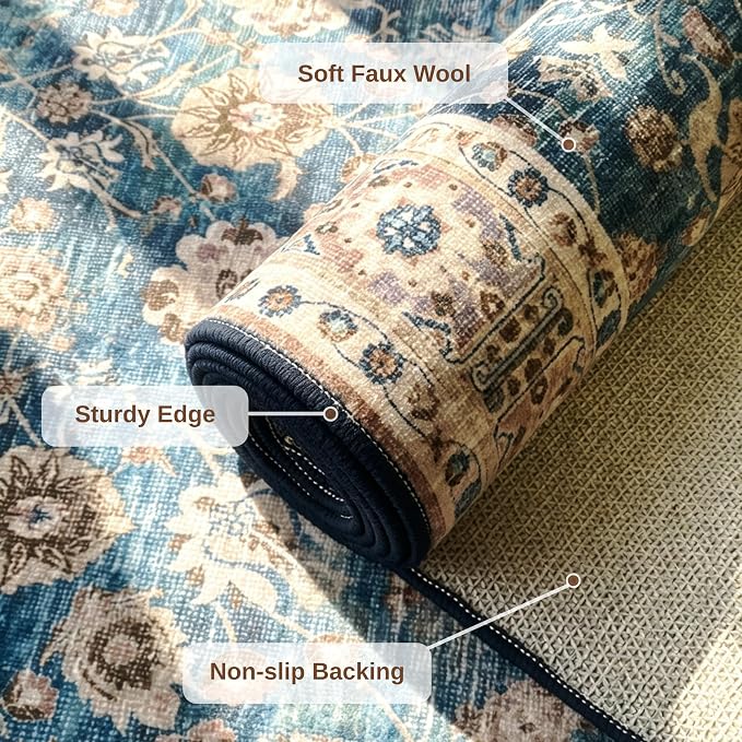 5x7 Washable Rug for Living Room, Non Slip Carpet for Bedroom | Soft faux wool, machine washable & stain resistant. Non-slip rubber backing, low pile. For living room, bedroom, office.Blue.