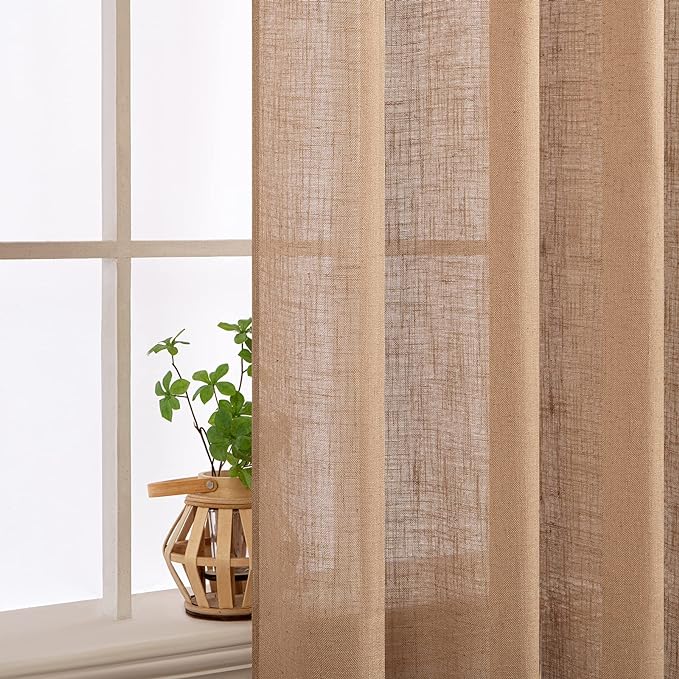 MIULEE Light Brown Linen Curtains 52x63 Inch Long 2 Panels for Living Room | Bedroom, Soft Thick Linen Textured Kitchen Window Drapes, Semi Sheer Light Filtering, Back Tab Rod Pocket, Burlap Look Decor