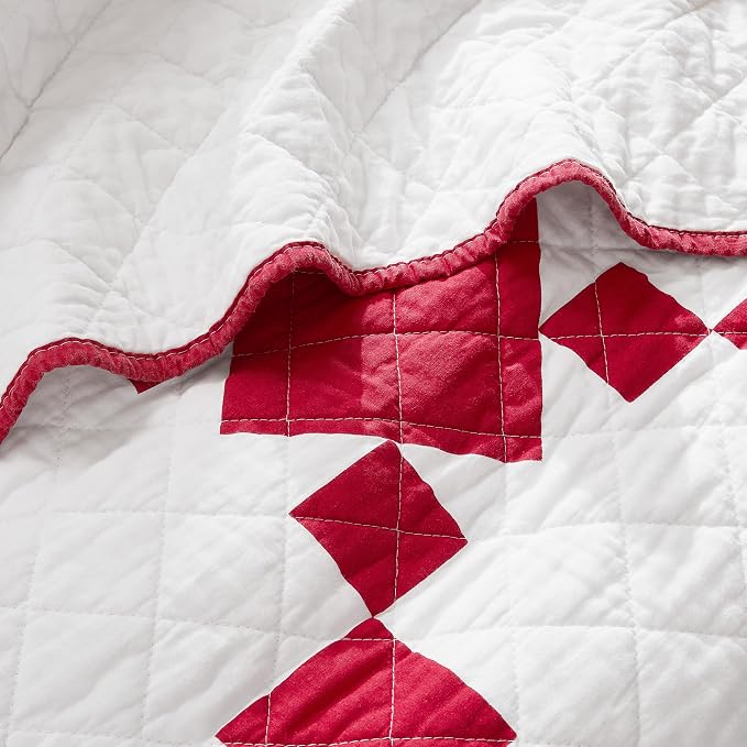 WDCOZY 100% Cotton Quilt Queen Size, Lightweight Reversible Gingham Patchwork Bedding Set with 2 Pillow Shams, Red Block Pattern Farmhouse Bedspread Shabby Chic Coverlet Thin Comforter All Seasons