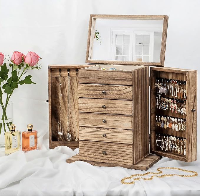 Emfogo Wooden Jewelry Box for Women, 6-Tier Large Jewelry Organizer Boxes with Mirror Rustic Solid Wood jewlery Storage Display for Rings Earrings Necklaces Bracelets watches(Carbonized Brown)