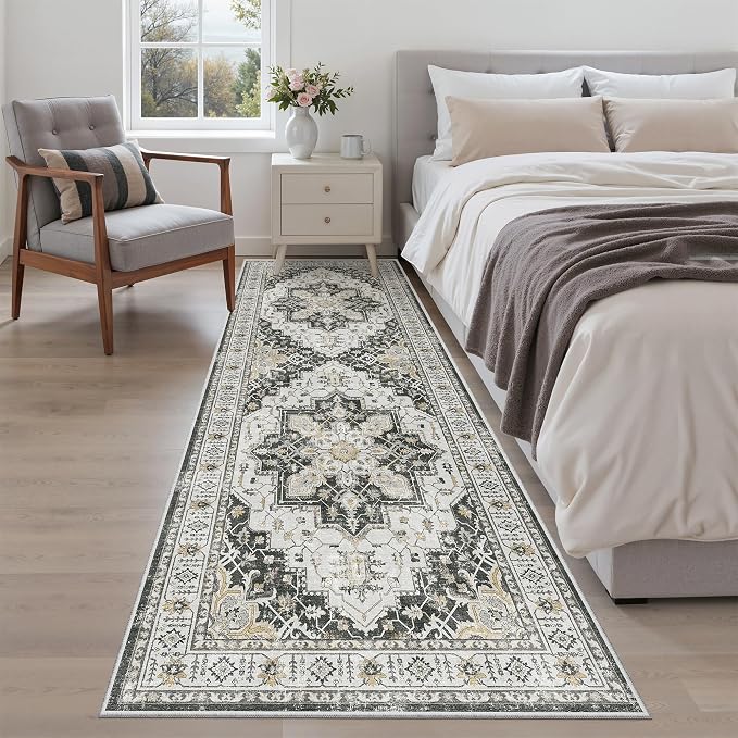 Madane Kitchen Runner 2'6''x8' Soft Rug Runners for Hallways, Black | Vintage Machine Washable Rugs 2.5x8 Ft, Non-Slip Low Pile Stain-Resistant 8ft Floor Carpet for Laundry Room, Corridor
