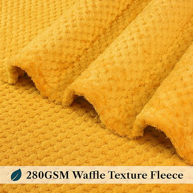 PAVILIA Mustard Yellow Fleece Throw Blanket for Couch Sofa Bed, Soft Fuzzy Waffle Jacquard Microfiber, Warm Lightweight Fade-Resistant Decorative All Season Throw, 60x80 Twin