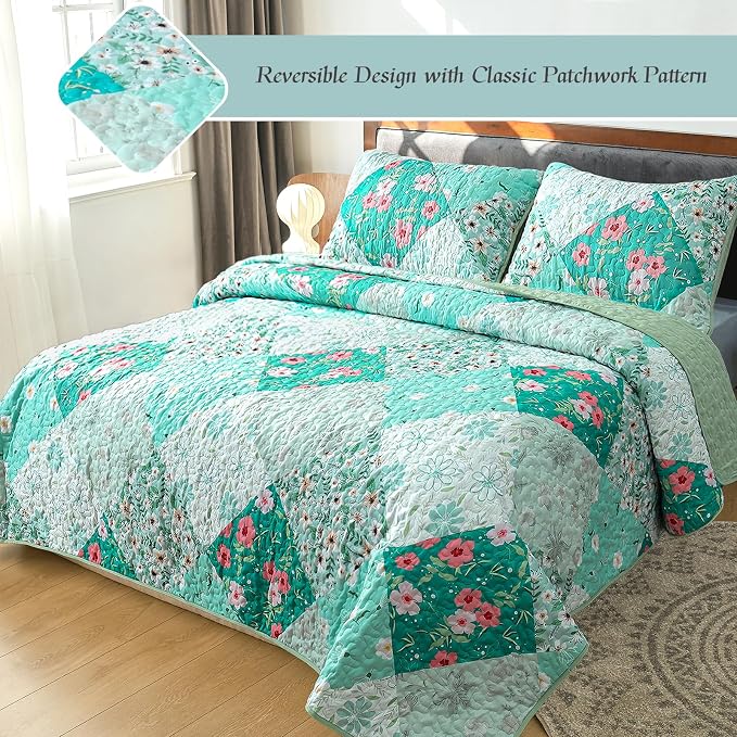 Whale Flotilla Patchwork Quilt King Size, Extra Soft Floral Bedspreads | Green Reversible Lightweight King Quilt Bedding Set for Bed, Printed Coverlets with 2 Pillow Shams for All Seasons