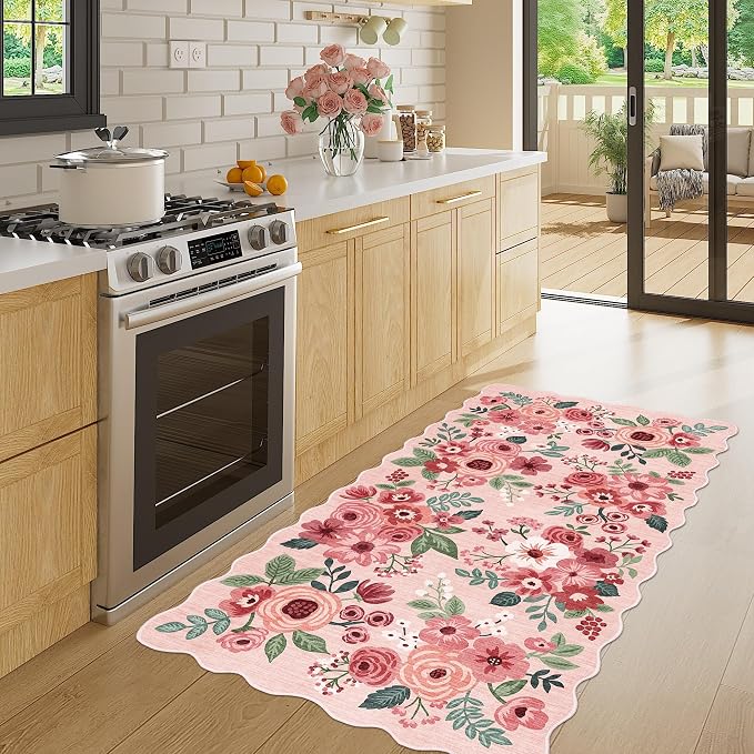 DUKINO 2x4 Rug for Entryway, Floral Washable Kitchen Rugs Non Slip, Pink | Soft, Low Pile, Stain Resistant Throw Runner Rug for Hallway, Bedroom, Bathroom, Laundry, Pet Friendly, Modern Home Decor